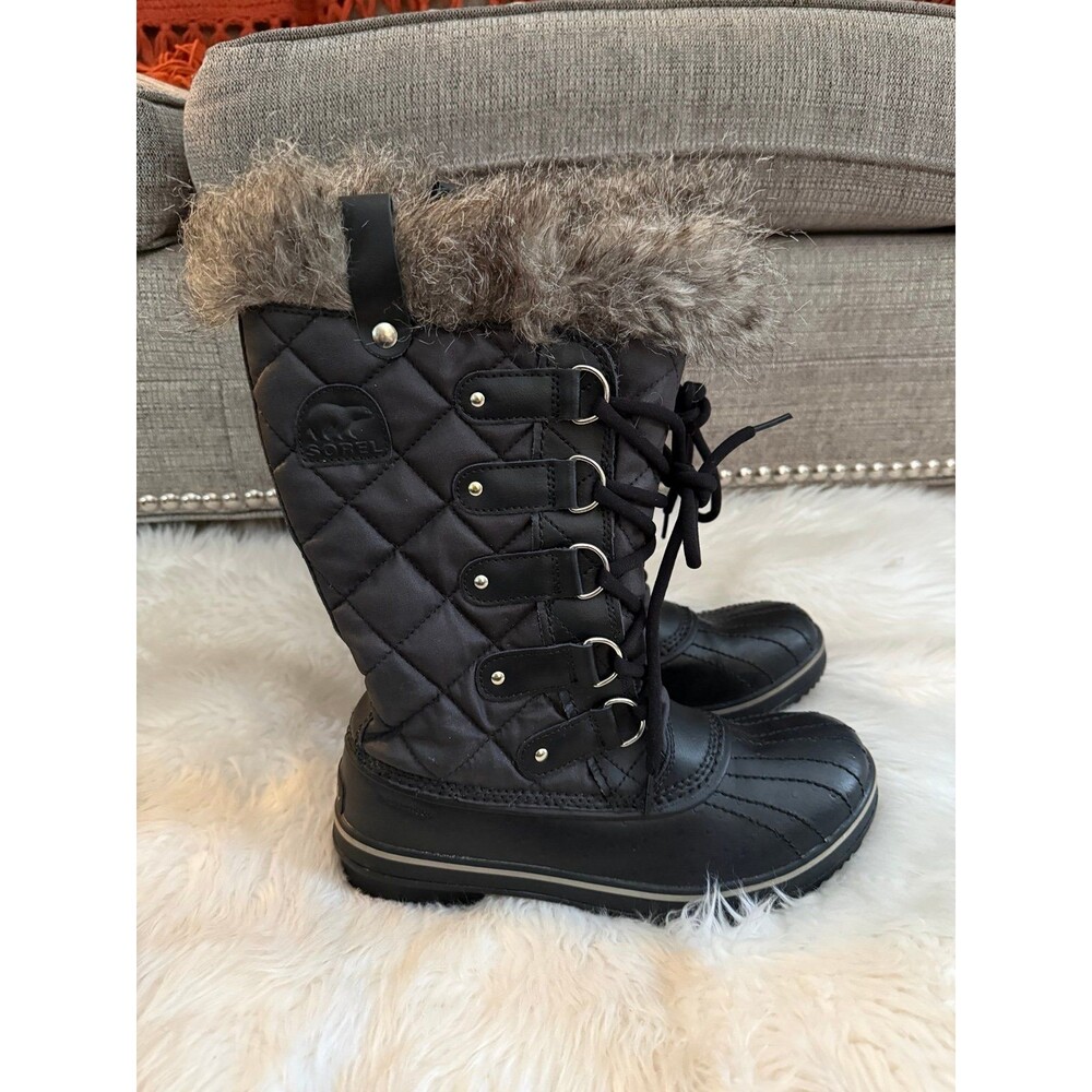 Sorel Black Quilted Waterproof Winter Boots with Faux Fur Trim - Size 8